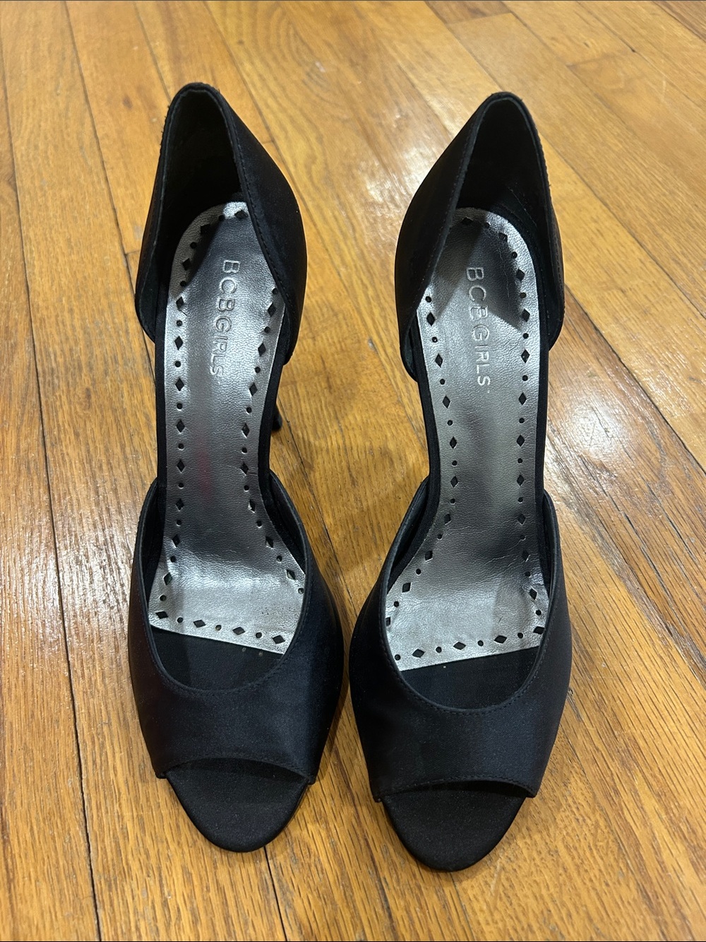 BCBGirls Black Lyma Peep-Toe Heels